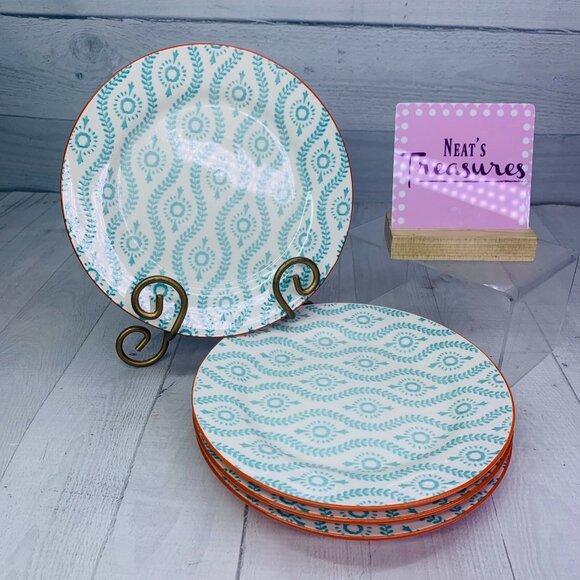 Baum TANGIER Turquoise White Tan Vines Dashes Stoneware Salad Lunch Plates Set 4 - Picture 1 of 11